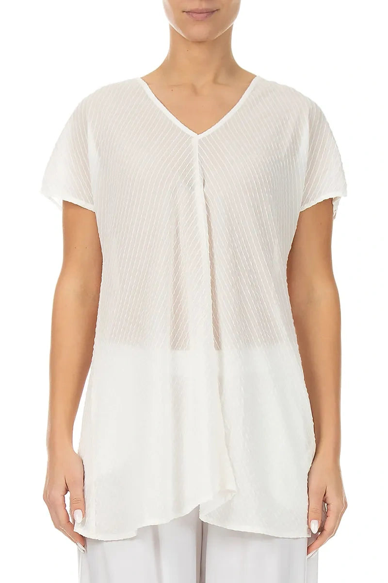 V-Neck Off White Stripy Silk Viscose Blouse