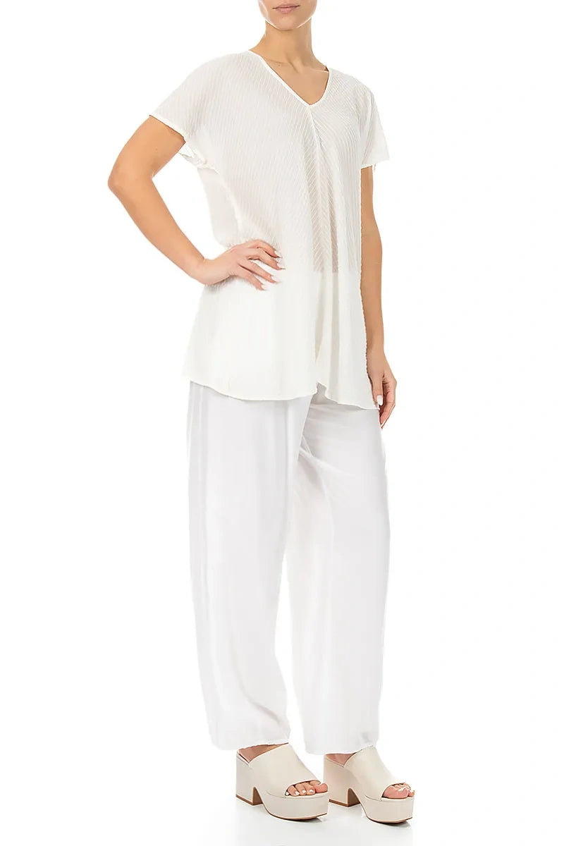 V-Neck Off White Stripy Silk Viscose Blouse