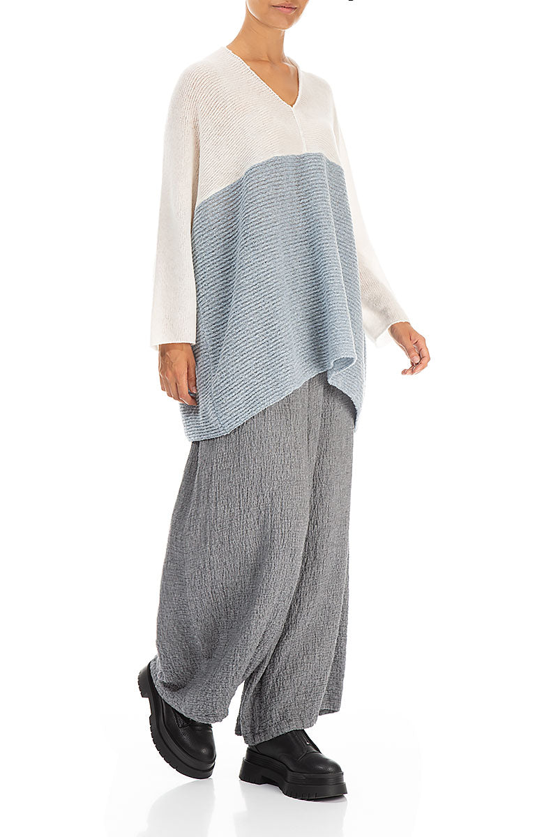 V-Neck White & Silver Blue Wool Sweater 4