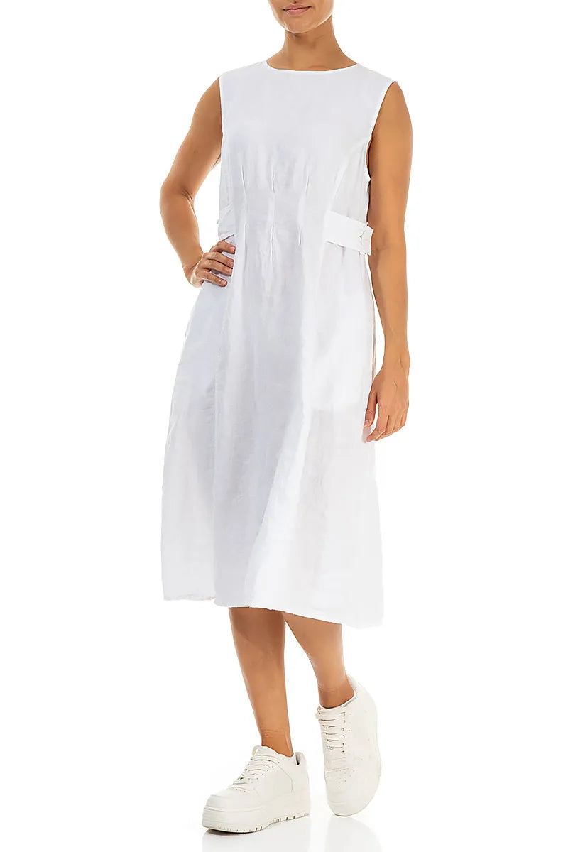 Waist Detail Sleeveless White Linen Dress 4