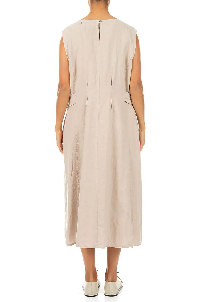 Robe sans manches en lin beige avec détails à la taille