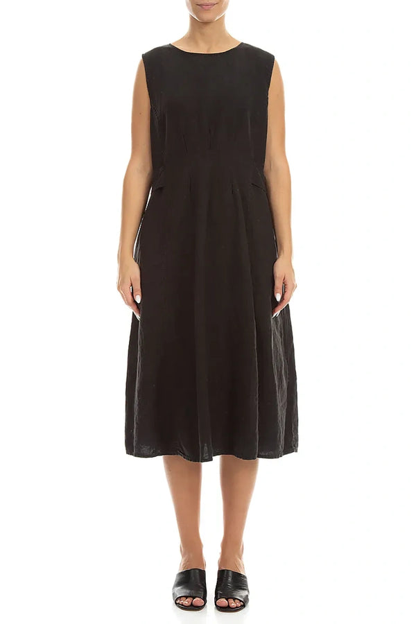 Waist Detail Sleeveless Black Linen Dress 1