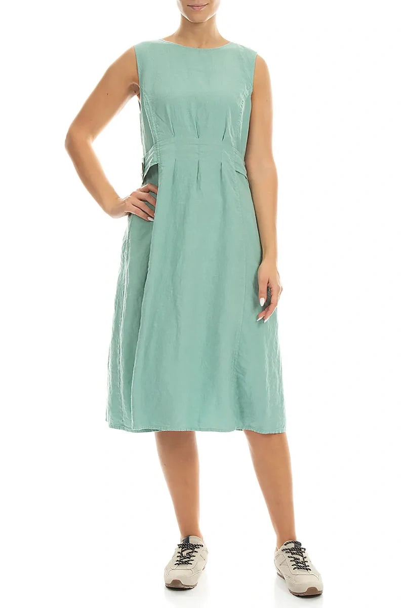 Waist Detail Sleeveless Mint Linen Dress 3