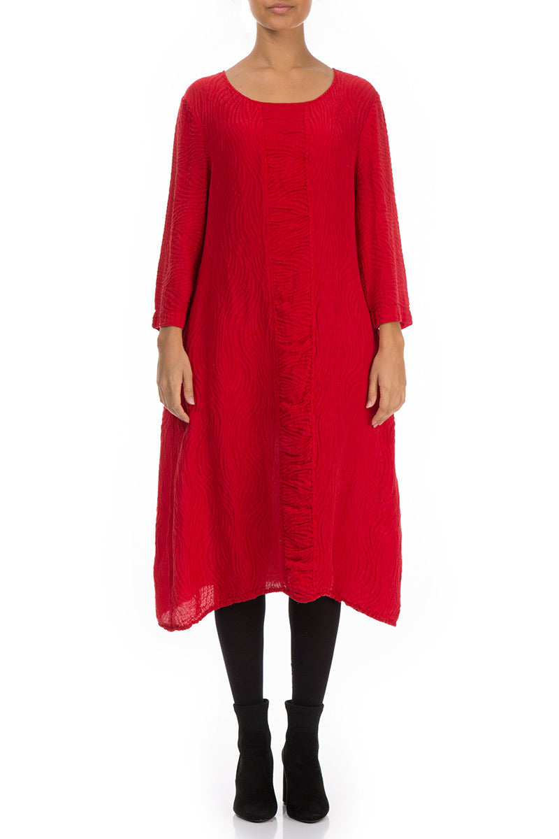 Cherry Red Waves Silk Linen Dress 1