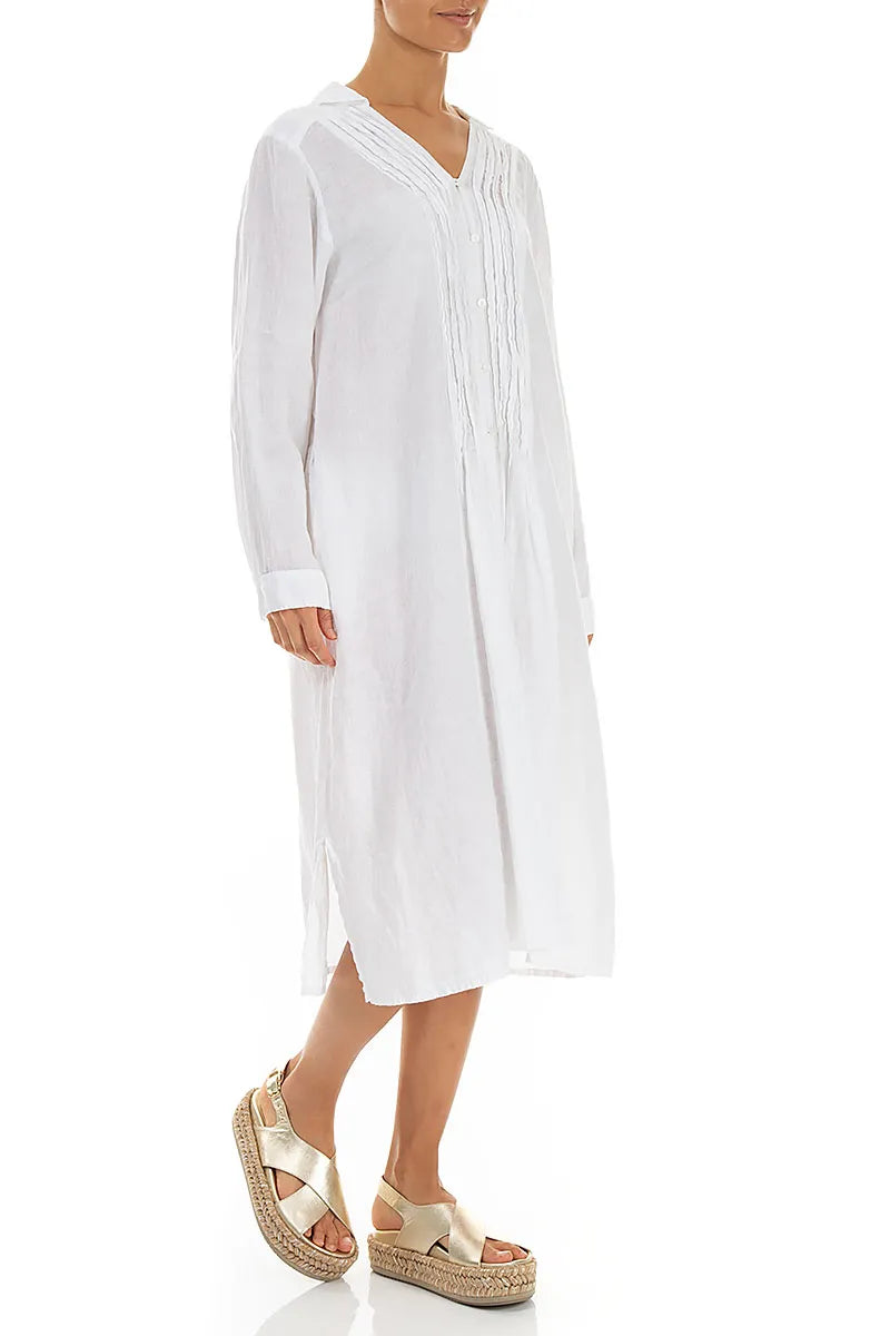 White Pintuck Linen Shirt Dress 3