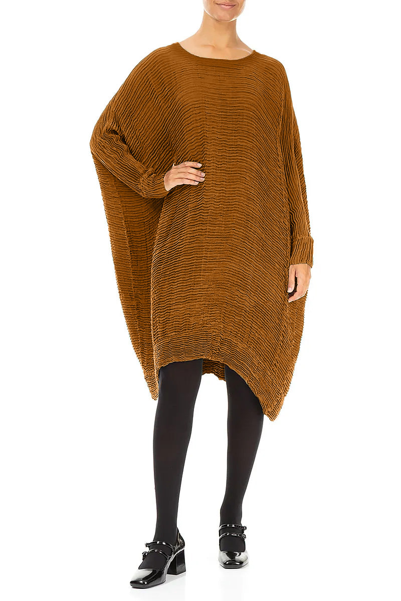 Wide Aged Copper Plissé Silk Kaftan Dress 4