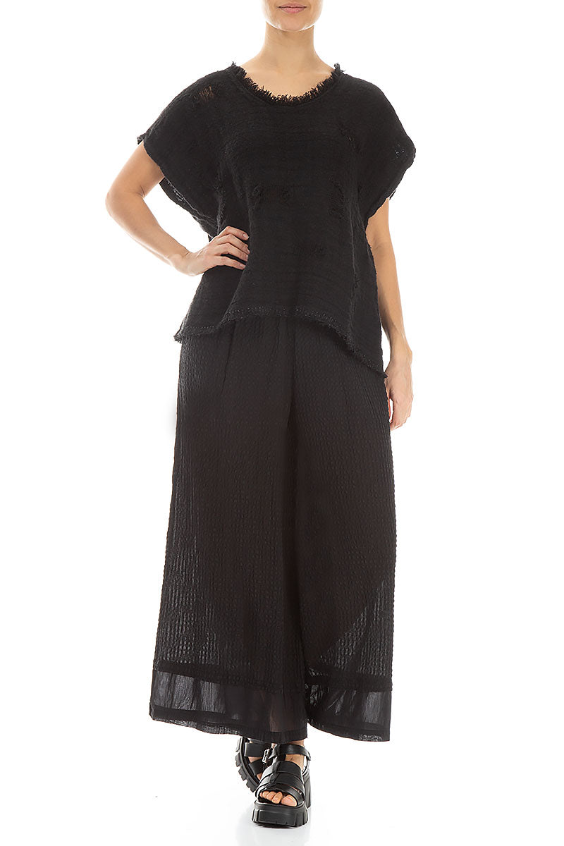 Wide Black Textured Silk Trousers 4