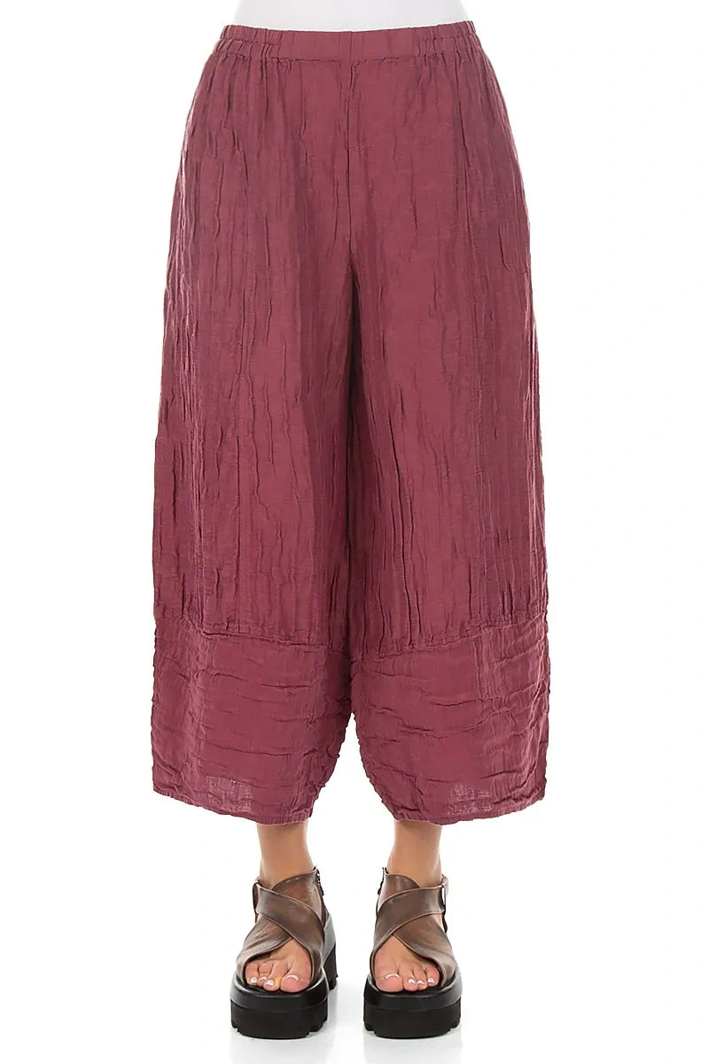 Wide Cropped Crinkled Antique Ruby Silk Linen Trousers