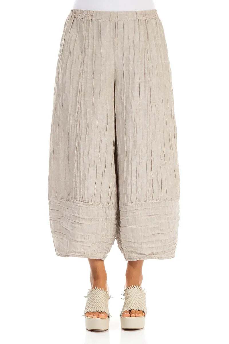 Wide Cropped Crinkled Beige Silk Linen Trousers 1