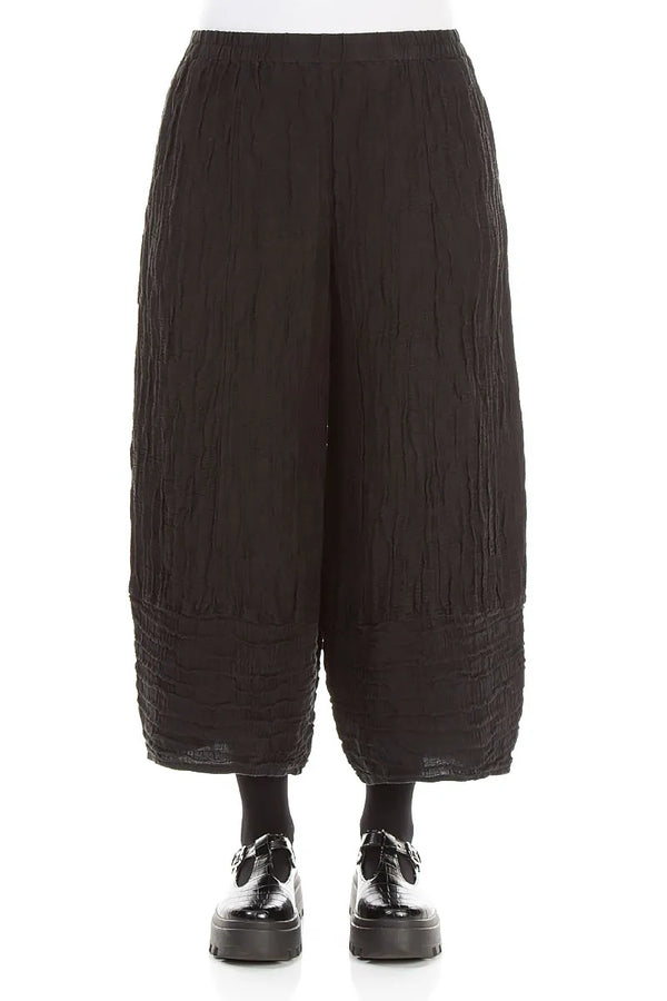 Wide Cropped Crinkled Black Silk Linen Trousers 1