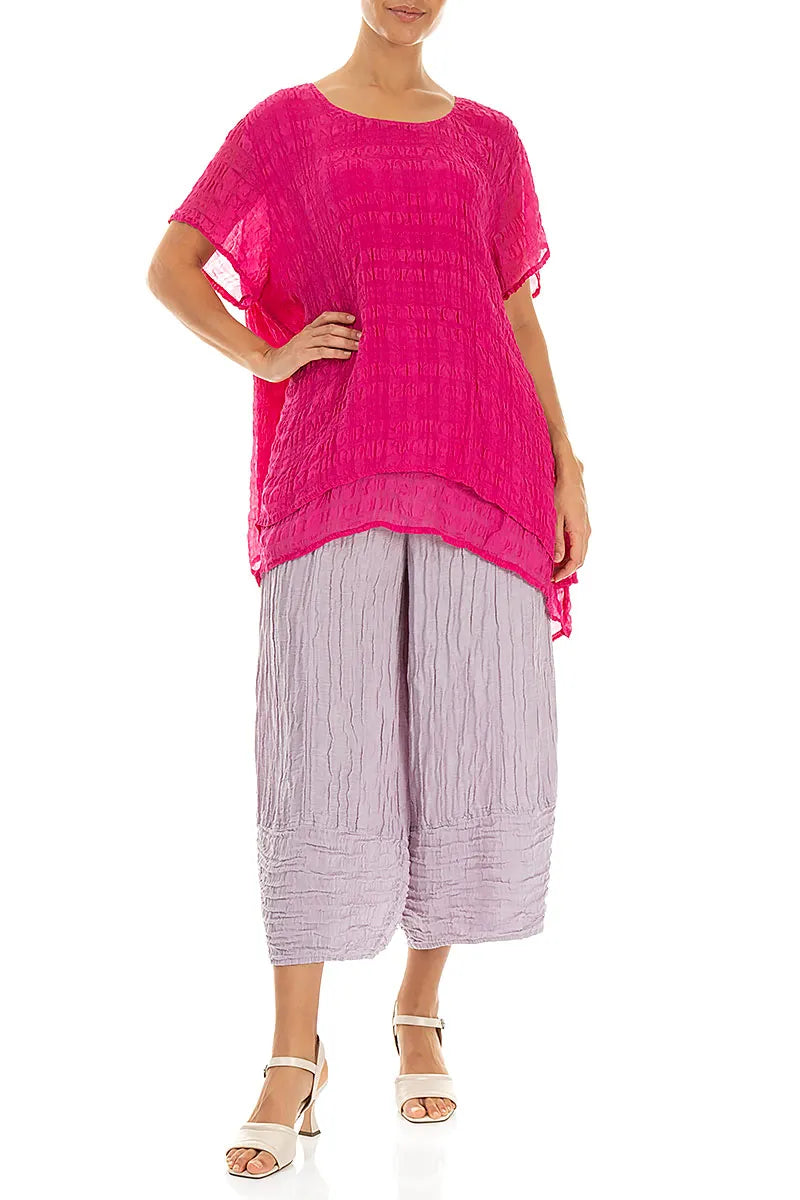Pantalon large raccourci en soie et lin froissés lilas