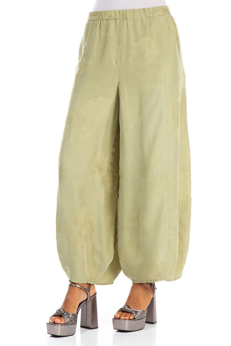Wide Flower Pattern Sage Yellow Silk Trousers 3