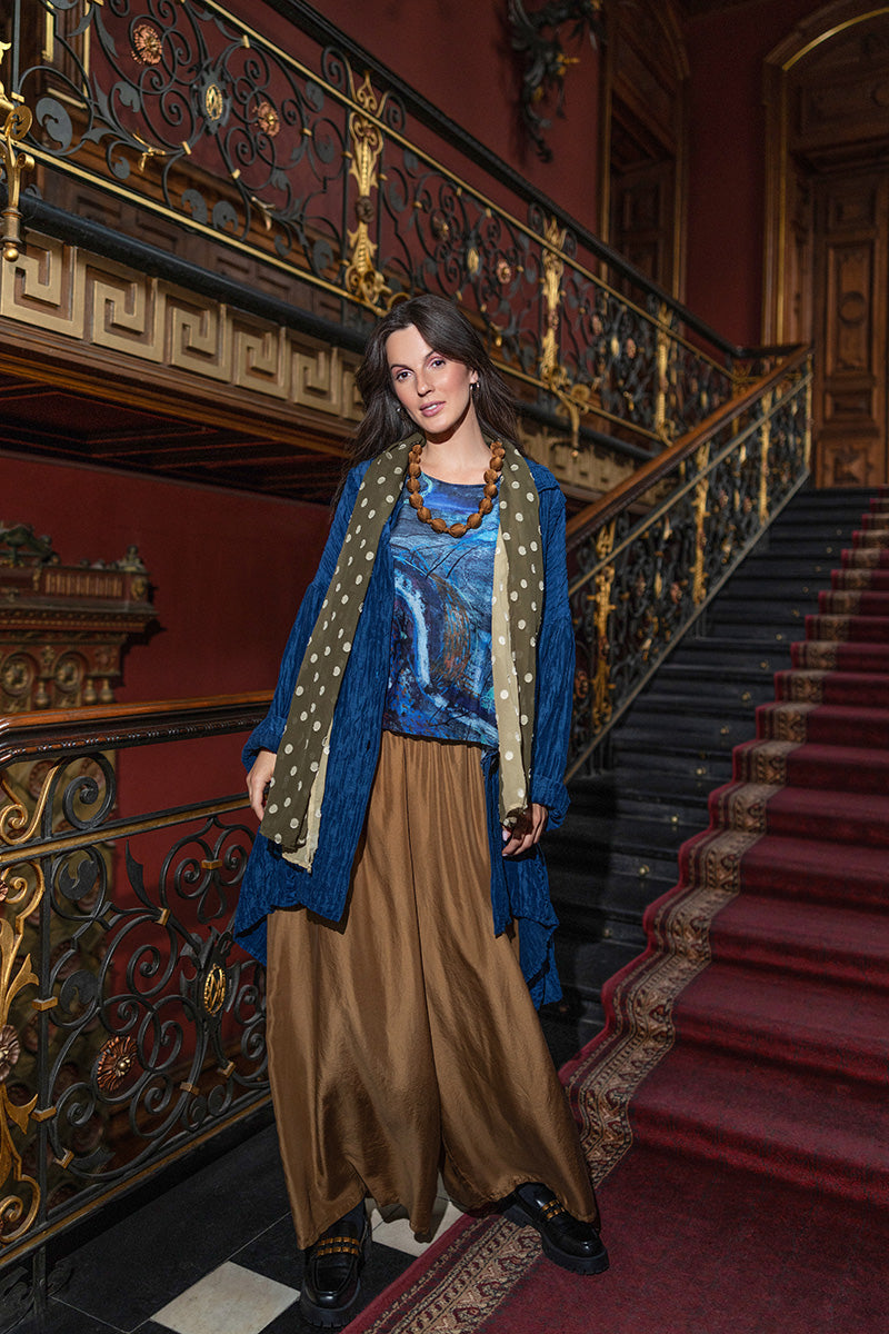 Wide Flowy Aged Copper Pure Silk Trousers 6