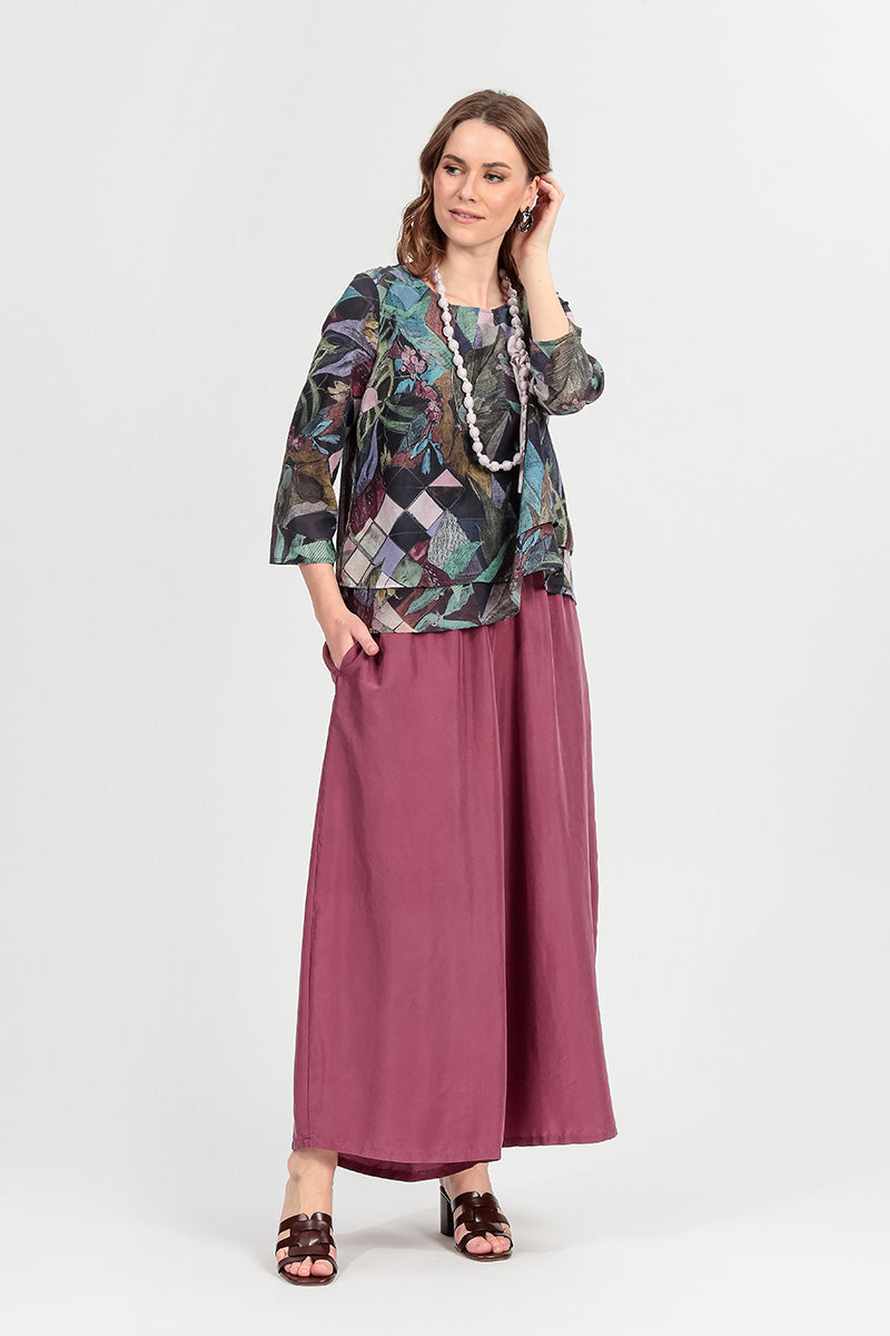Wide Flowy Antique Ruby Pure Silk Trousers 6