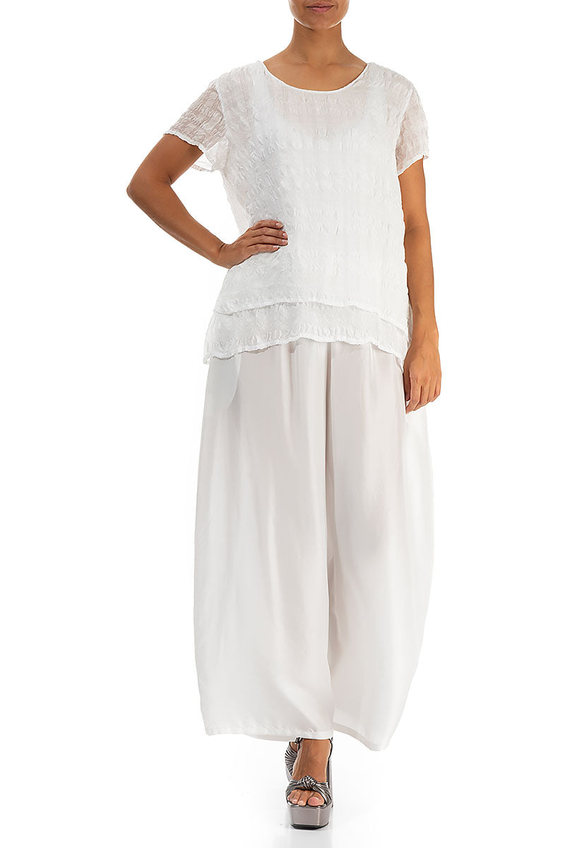 Wide Flowy White Pure Silk Trousers 4