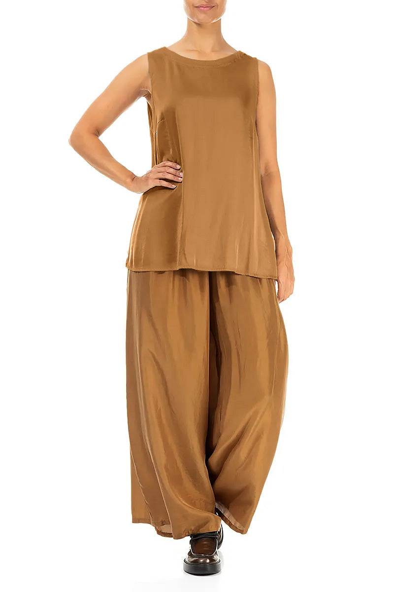Wide Leg Aged Copper Silk Trousers 4