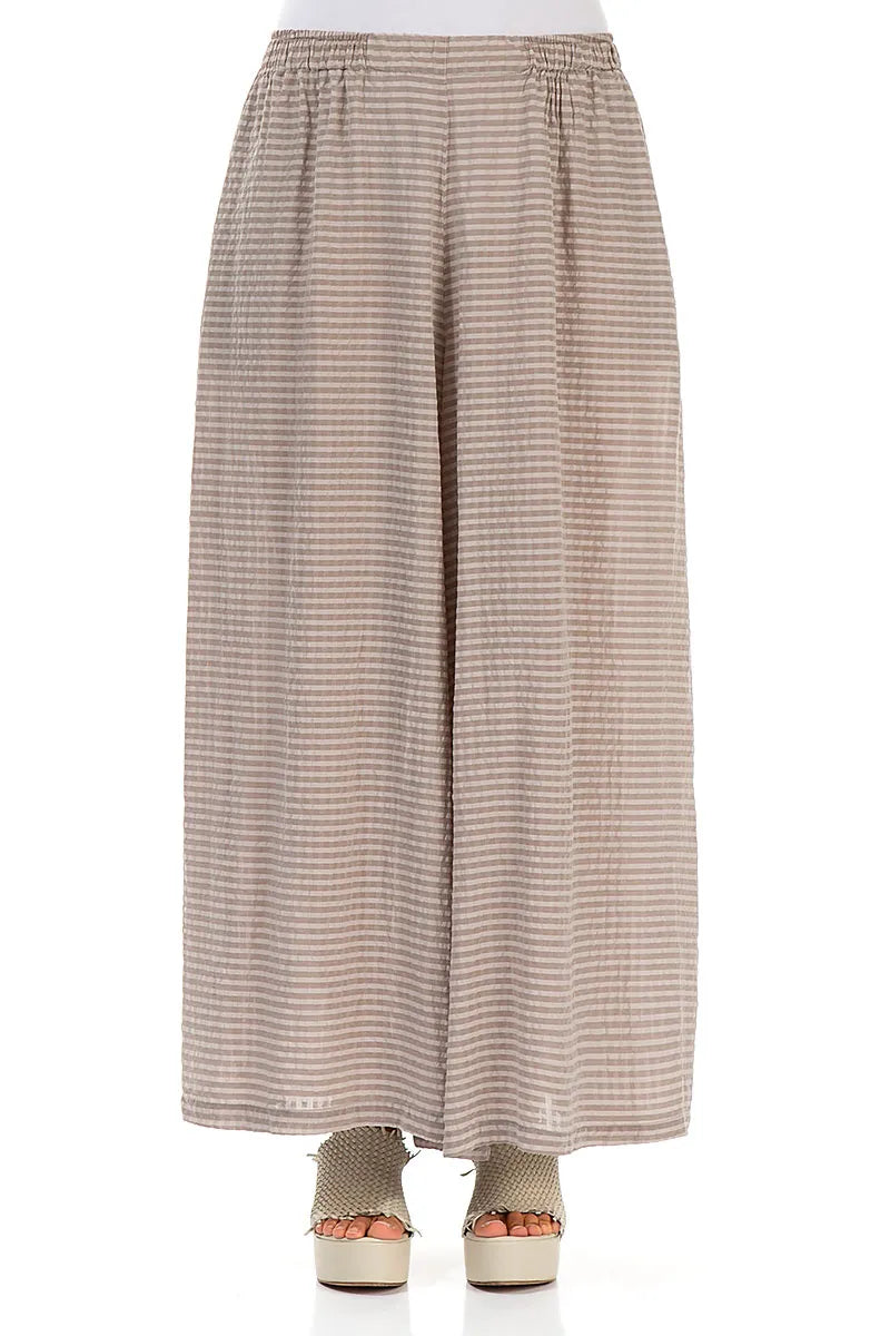Wide Leg Beige Textured Silk Trousers