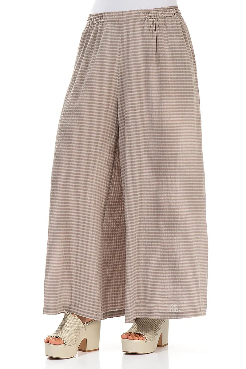 Wide Leg Beige Textured Silk Trousers