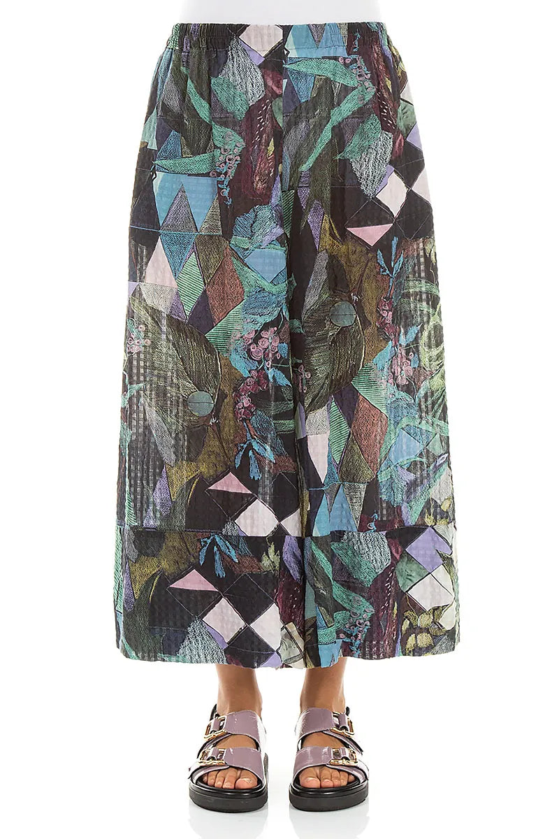 Wide Leg Cuffs Art Mosaic Textured Silk Culottes