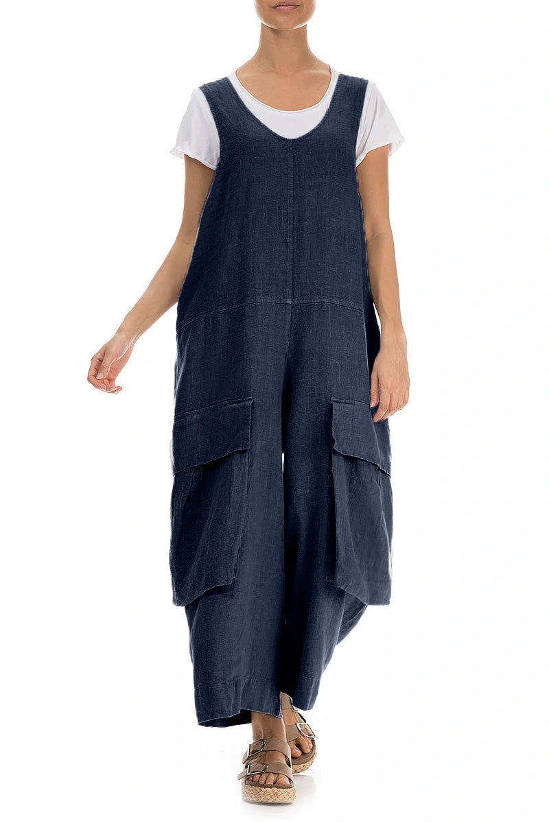 Wide Loose Navy Linen Jumpsuit 4