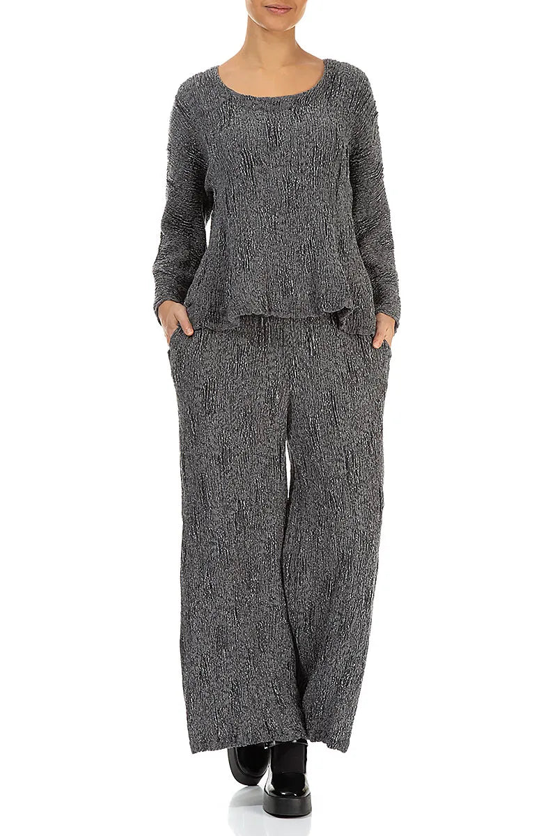 Wide Silver Textured Silk Linen Trousers 4