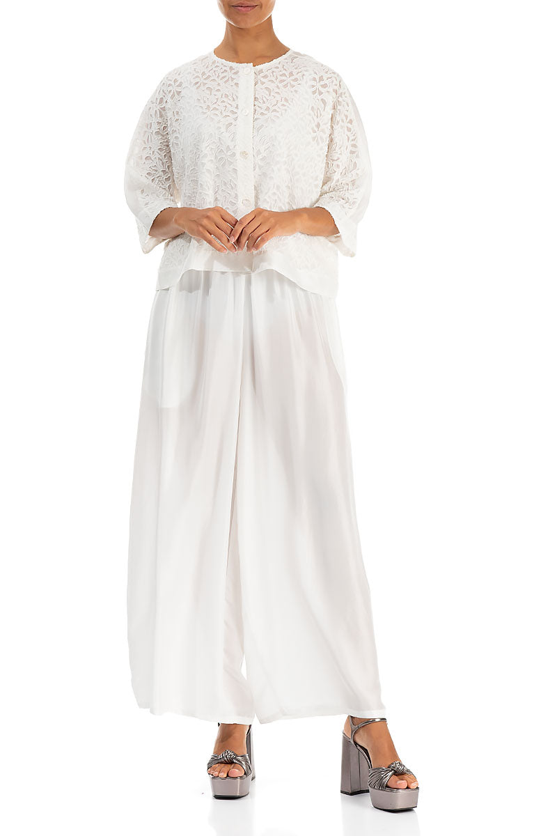 Wide White Silk Bamboo Trousers 4
