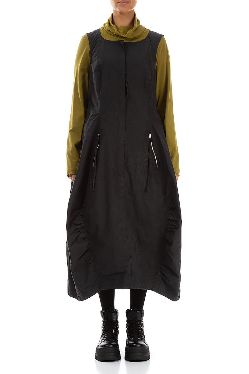 Zipped Pockets Black Cotton Pinafore Dress 1