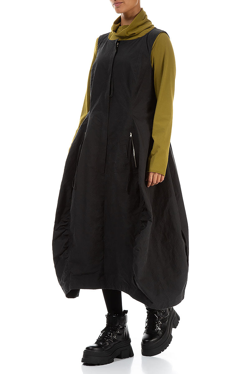 Zipped Pockets Black Cotton Pinafore Dress 3