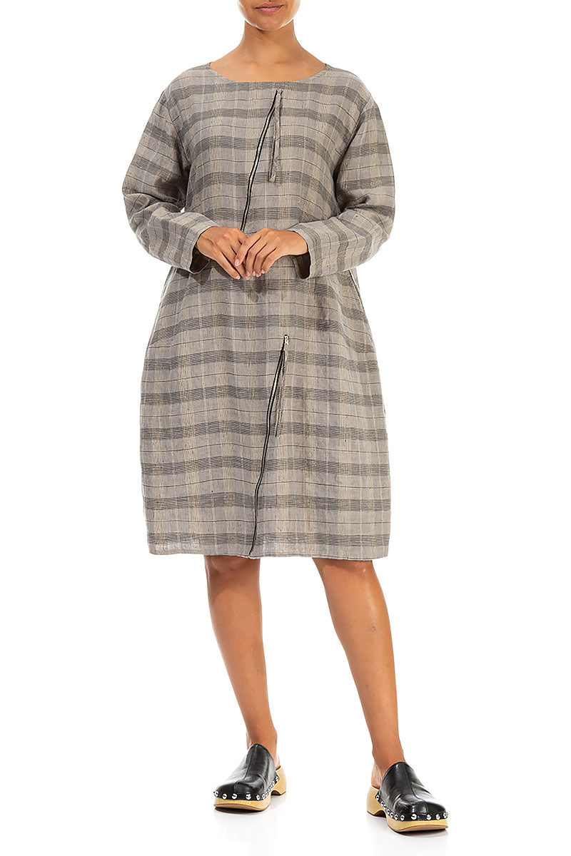 Zips Embellished Greige Check Linen Dress 4
