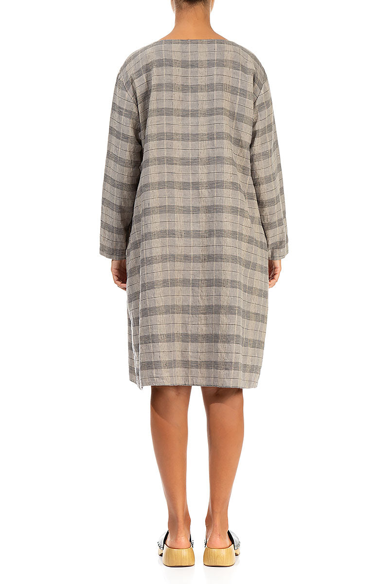 Zips Embellished Greige Check Linen Dress 2