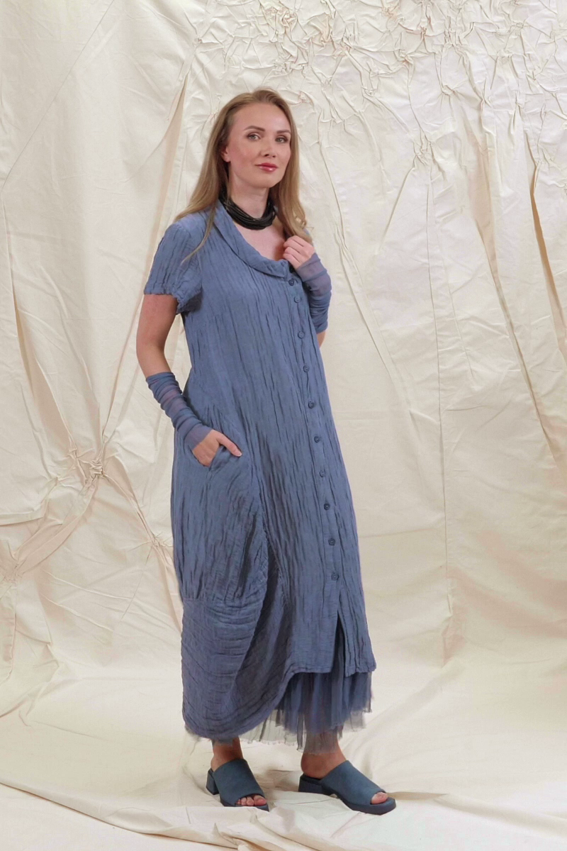 Buttoned Balloon Crinkled Blue Nova Silk Dress 7