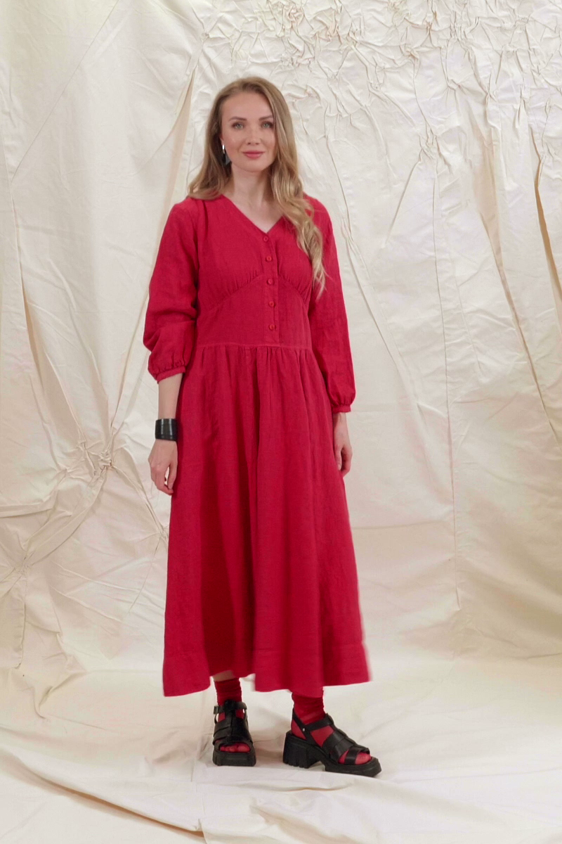 Buttoned V-Neck Raspberry Linen Dress 7