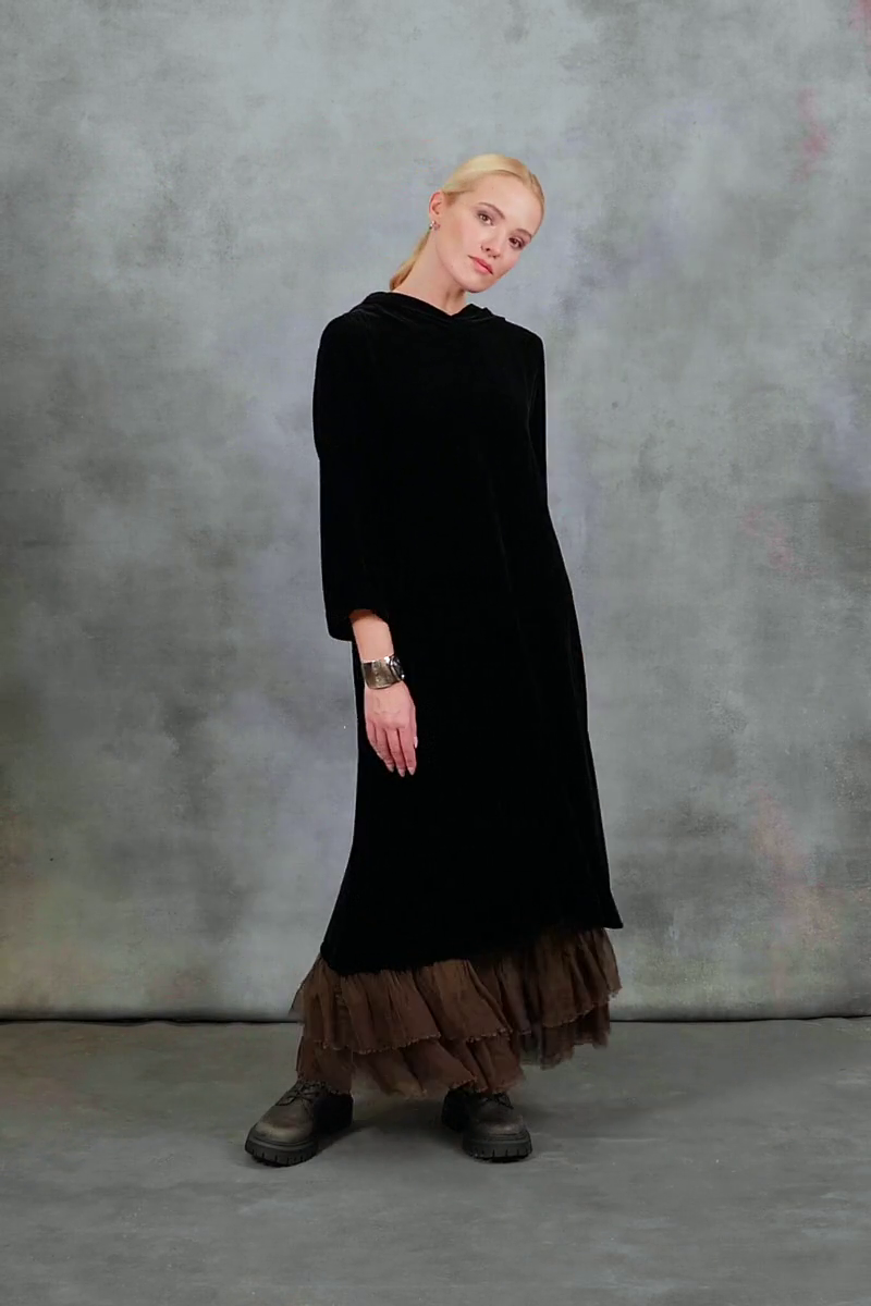 Hooded Black Silk Velvet Dress 7