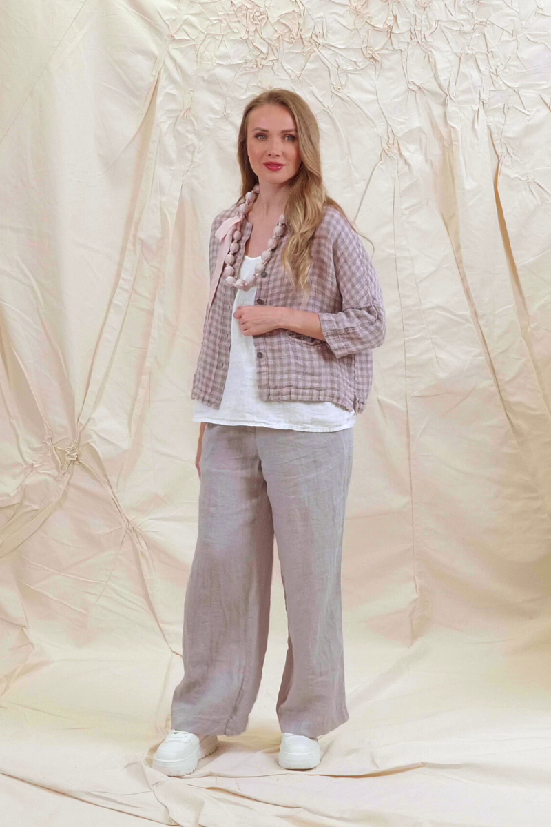 Pink Check Linen Jacket Blouse 8