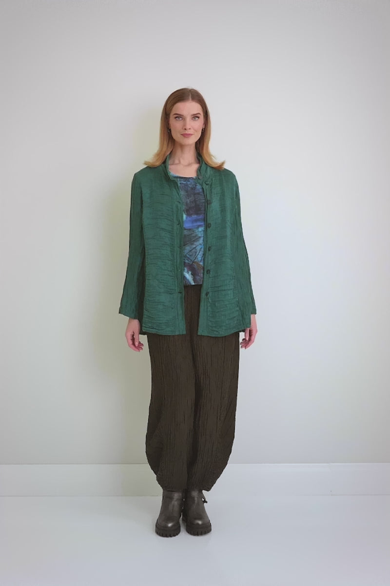 Ruched Hem Forest Brown Crinkled Silk Linen Trousers 7