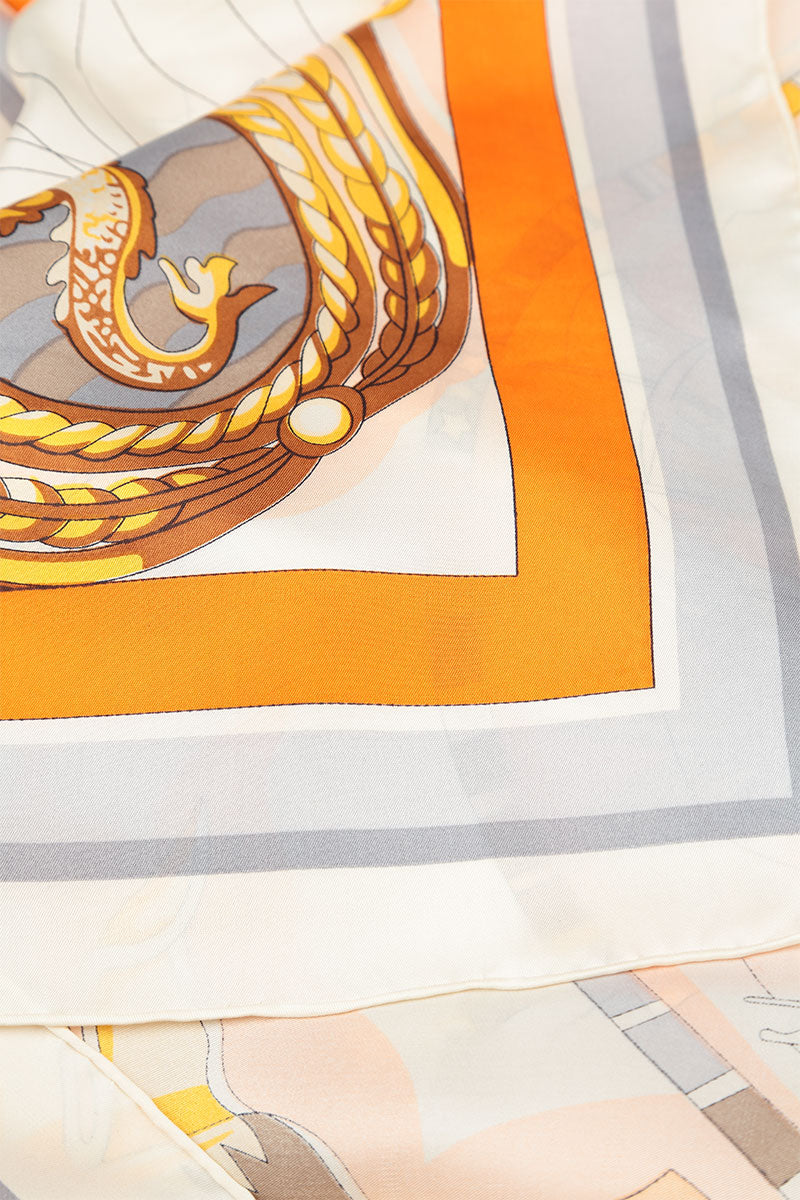 Antique Printed Beige Orange Tones Silk Scarf 6