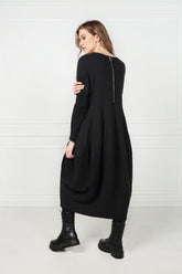 Back Zip Balloon Grey Wavy Cotton Dress 7