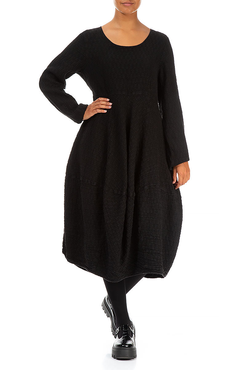 Balloon Long Sleeves Black Textured Linen Dress 4