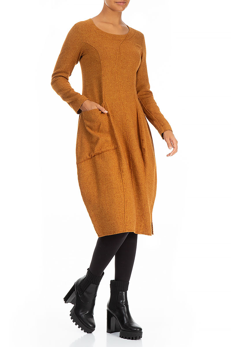 Balloon Long Sleeves Yellow Ochre Wool Dress 3