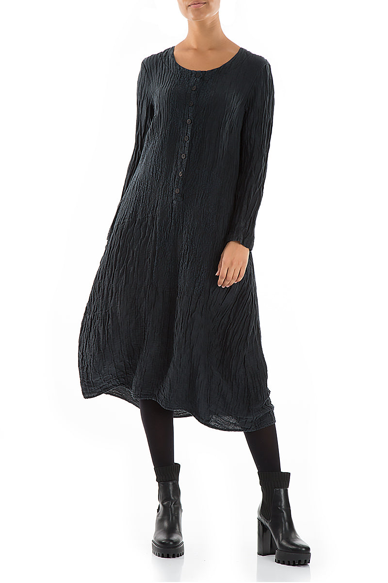 Buttoned Crinkled Midnight Blue Dress 3