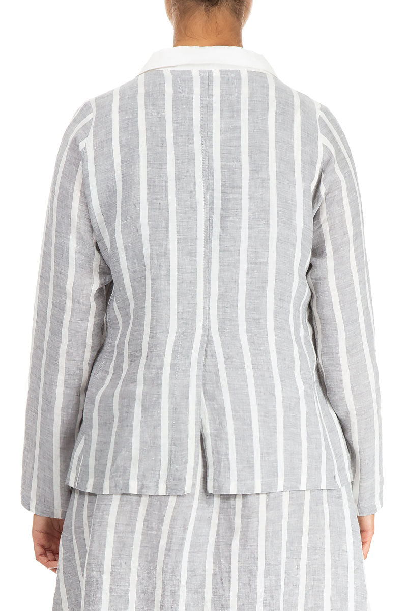 Buttoned Stripy Grey Linen Jacket 2
