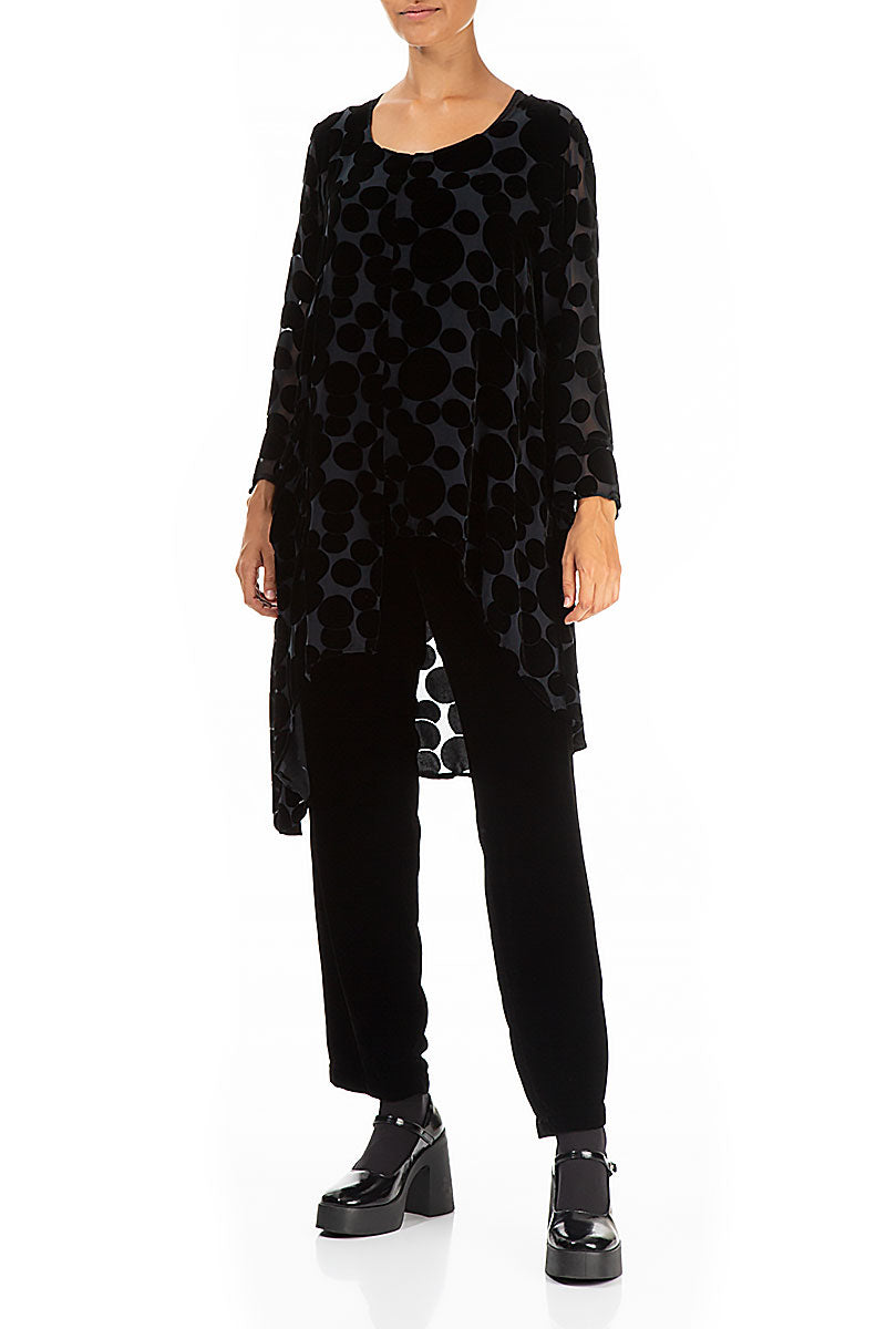 Asymmetrical Devoré Bubbles Black Silk Velvet Tunic 4