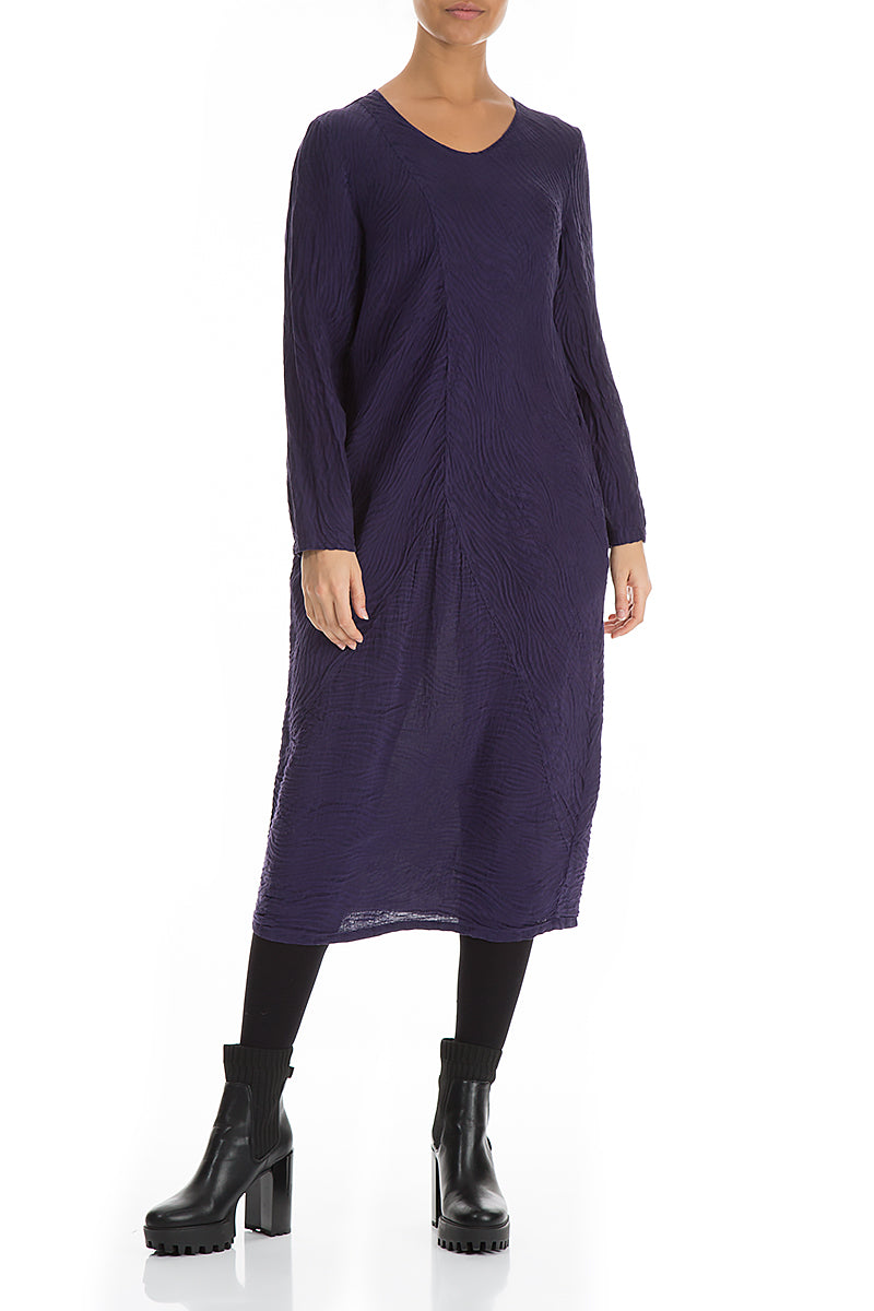 Elegant Royal Purple Waves Silk Linen Dress 3