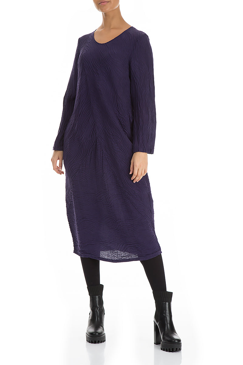 Elegant Royal Purple Waves Silk Linen Dress 4