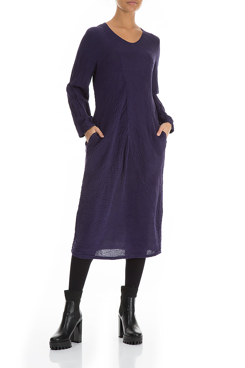 Elegant Royal Purple Waves Silk Linen Dress 5