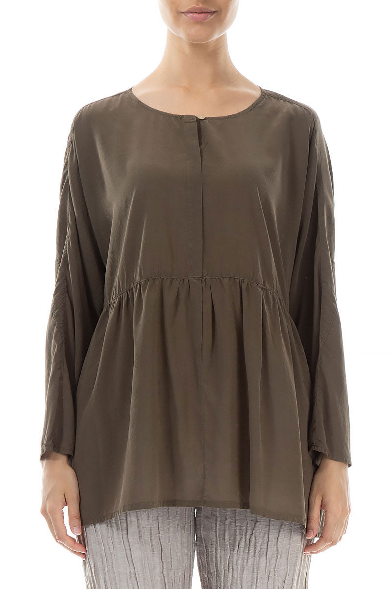 Flared Khaki Silk Blouse 1