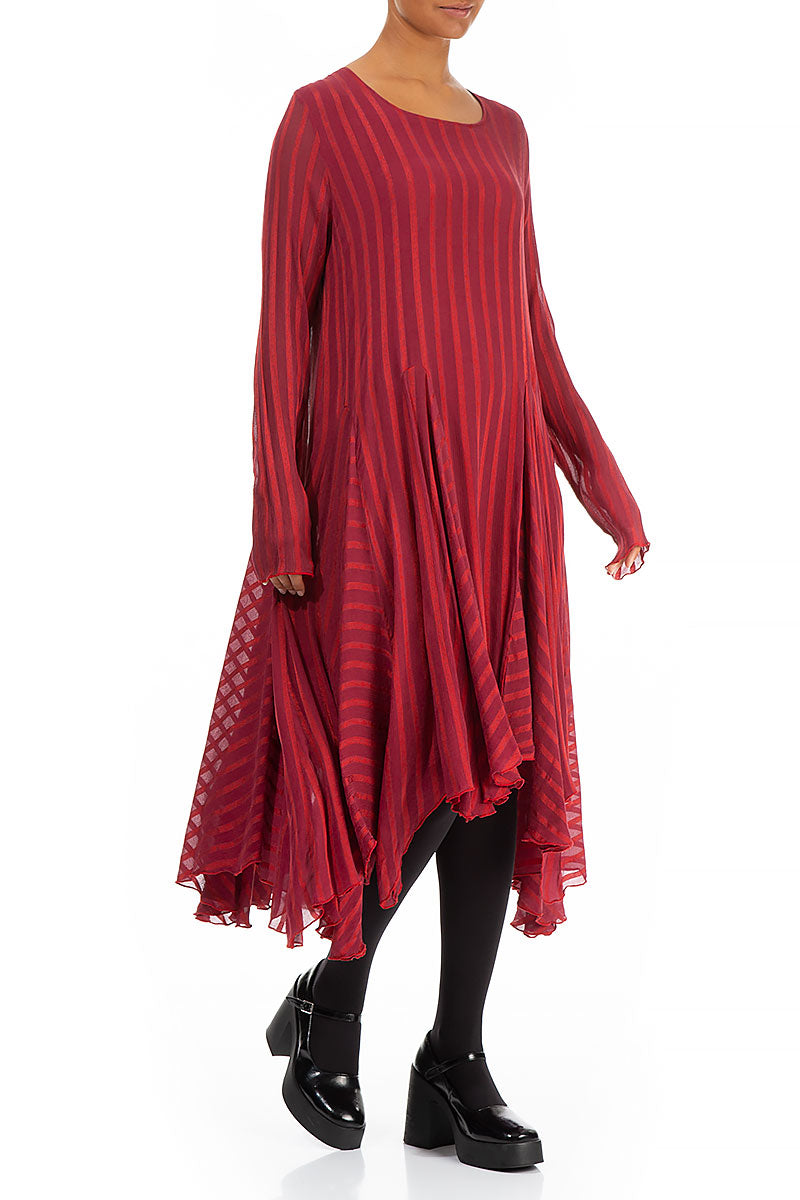Flared Striped Red Silk Rayon Dress 3