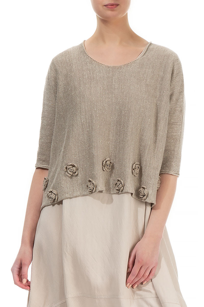 Flowers Decorated Natural Linen Jumper 3