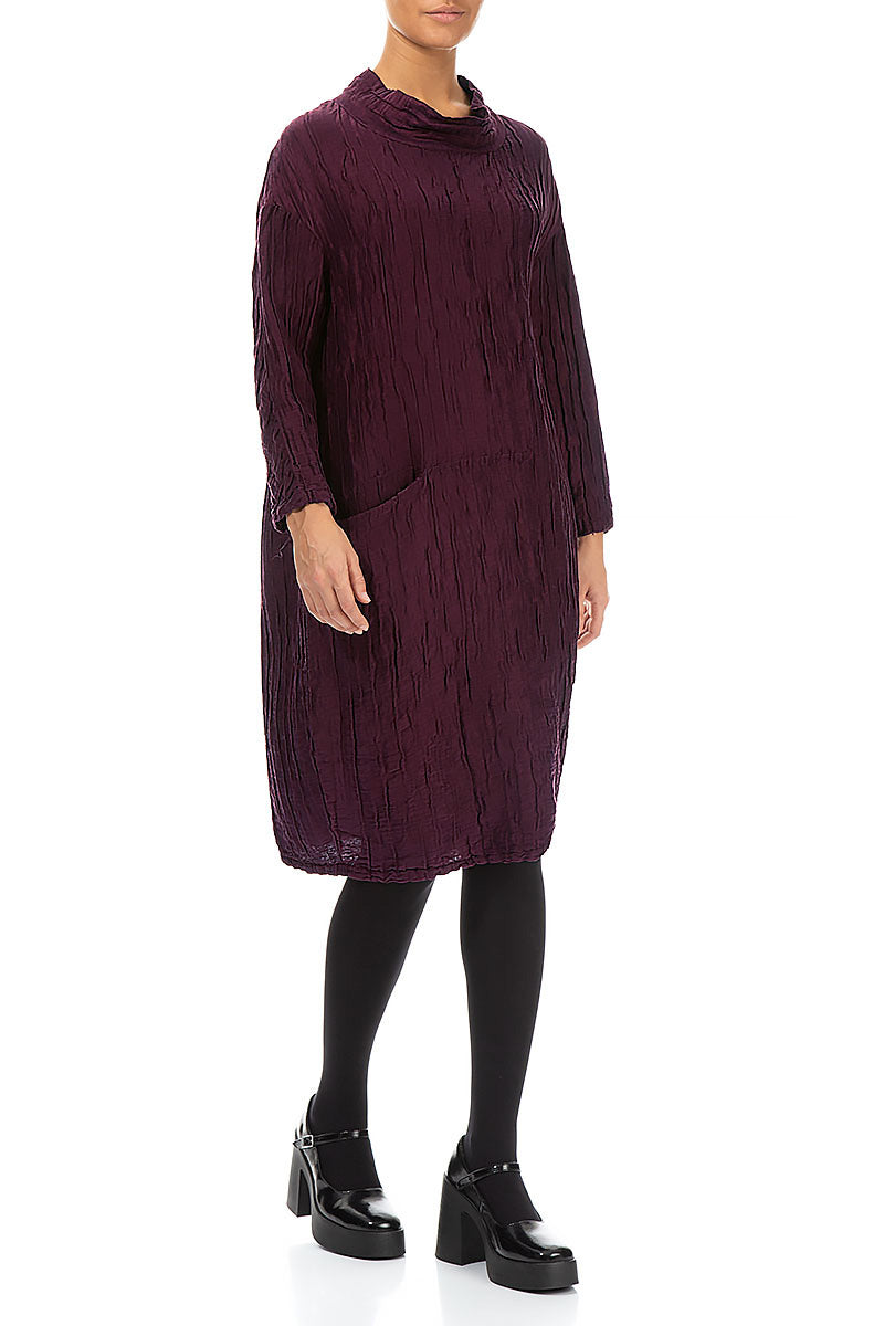 High Neck Aubergine Crinkled Silk Linen Dress 3