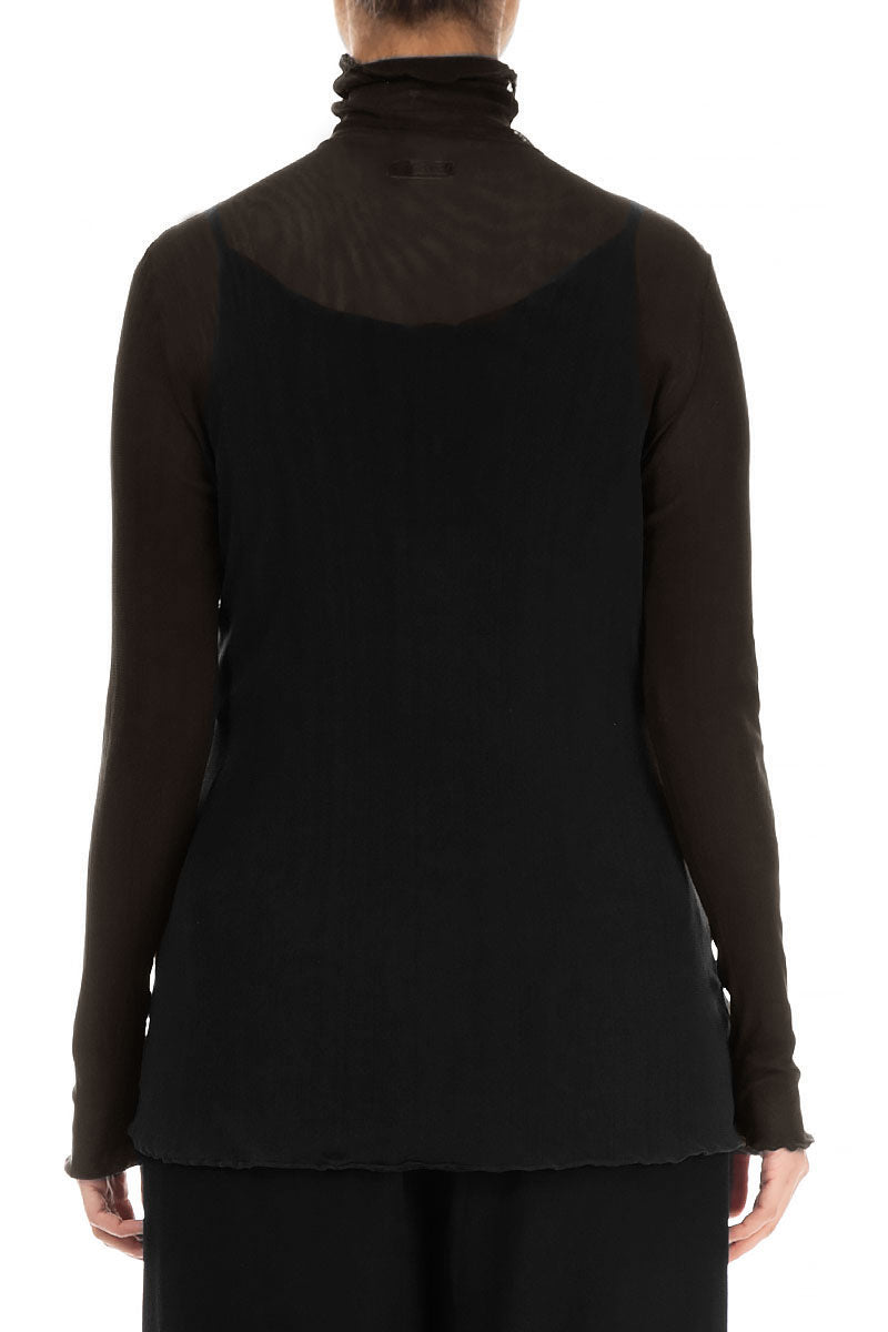 High Neck Fitted Black Tulle Silk Blouse 2